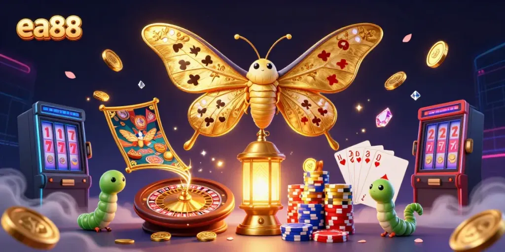 Engage in thrilling casino adventures with ea88 featuring majestic moths and vibrant game elements.