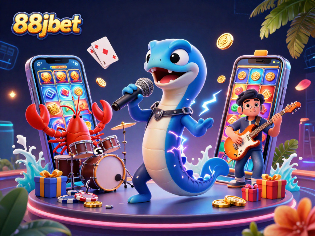 88jbet showcases an electric eel DJ with a lobster drummer and seahorse guitarist on an underwater casino stage.