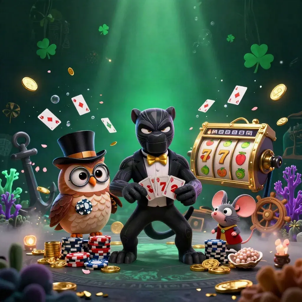 Black panther, owl, and mouse amid casino treasure, cards, reels, coral glow, and coins