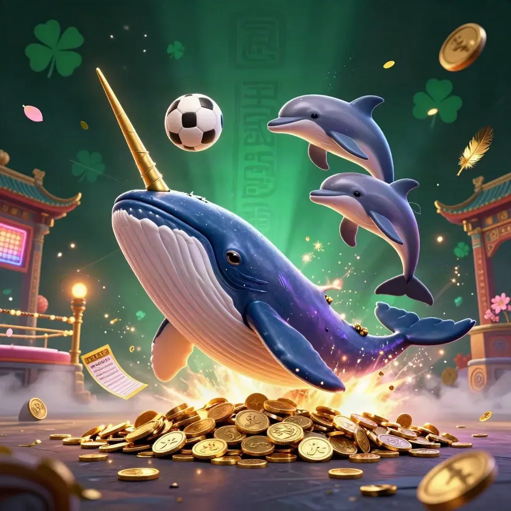 Whale captain, narwhal, and dolphins burst through coins with sports balls and neon casino glow.