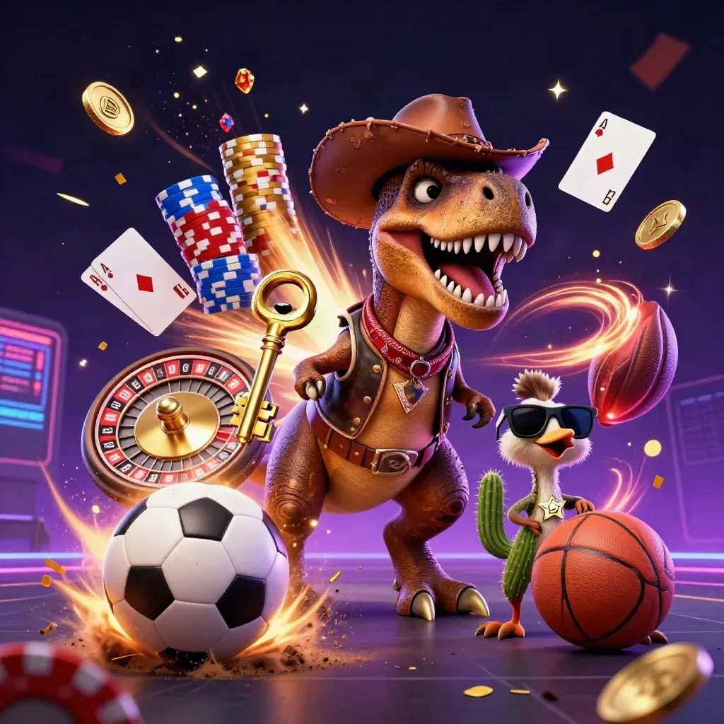 Cowboy T-Rex, cactus, and roadrunner amid casino chips, cards, coins, and neon sports glow.