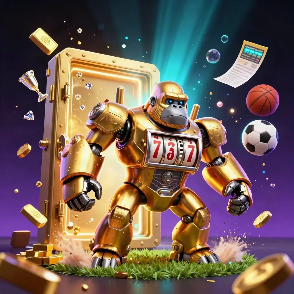Golden gorilla mech with monkey pilot, vault burst, gold, balls, gems, and neon casino glow.