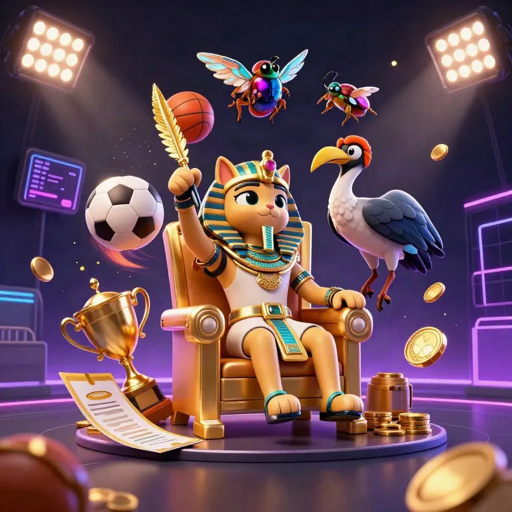 Pharaoh cat, ibis scribe, and scarabs amid flying balls, coins, and gold casino glow.
