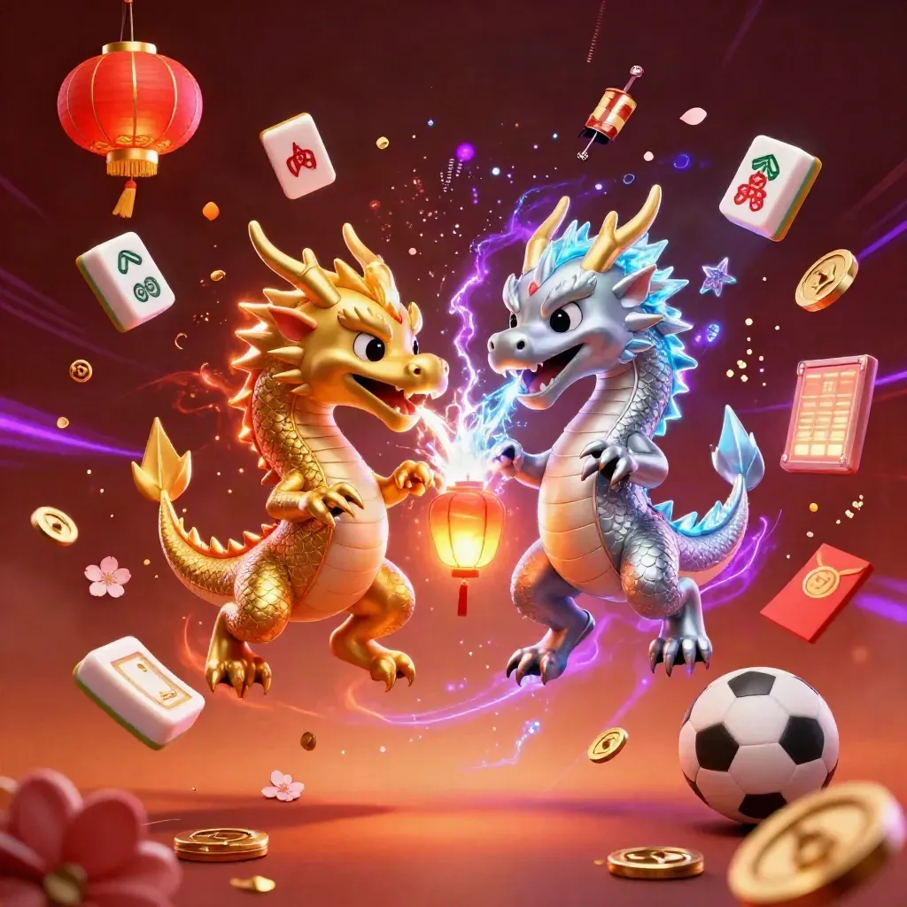 Gold and silver dragons swirl in fire and ice amid casino charms, balls, coins, and neon glow.