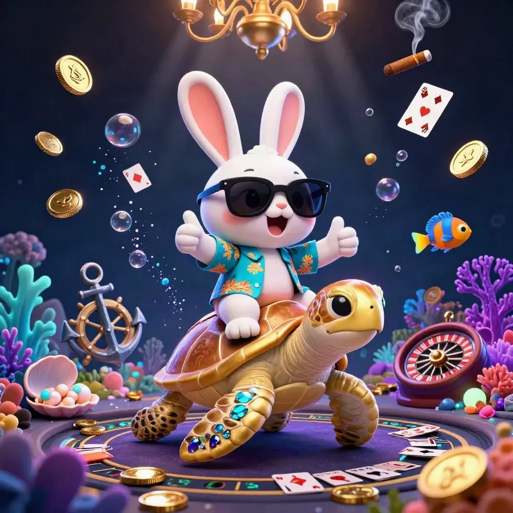Cartoon rabbit rides a golden sea turtle in a glowing underwater casino treasure cove