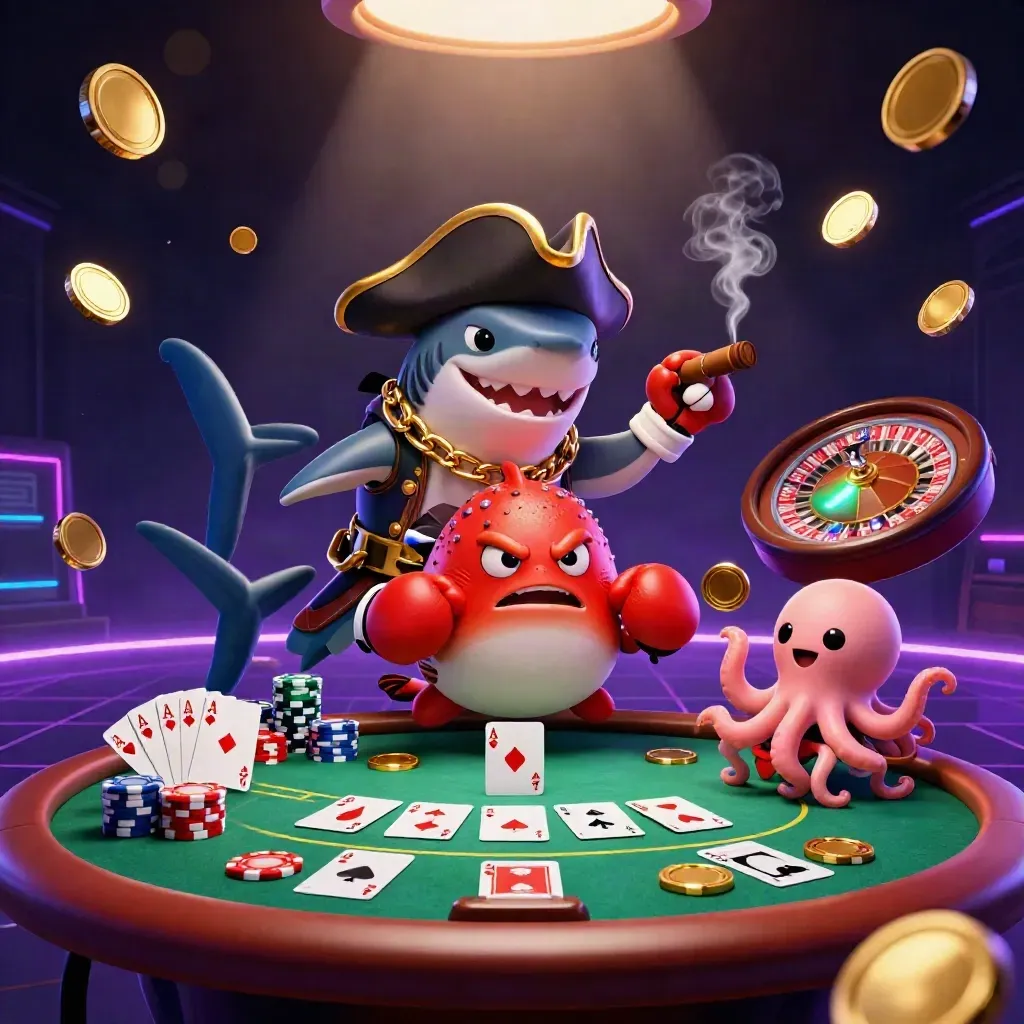 Shark pirate, pufferfish boxer, and octopus juggling coins in a neon casino