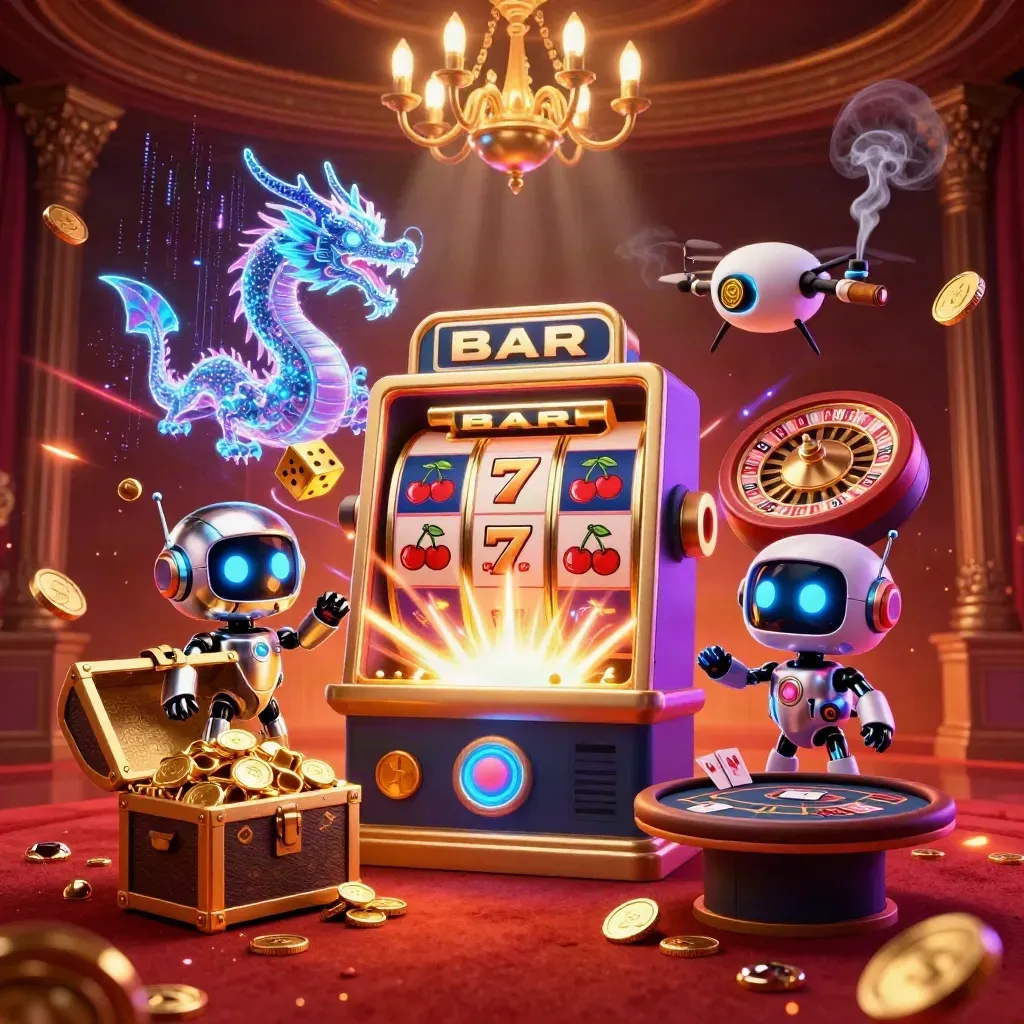 Cyberpunk robot, holographic dragon and coin drone amid slot burst, gold, dice and casino glow.