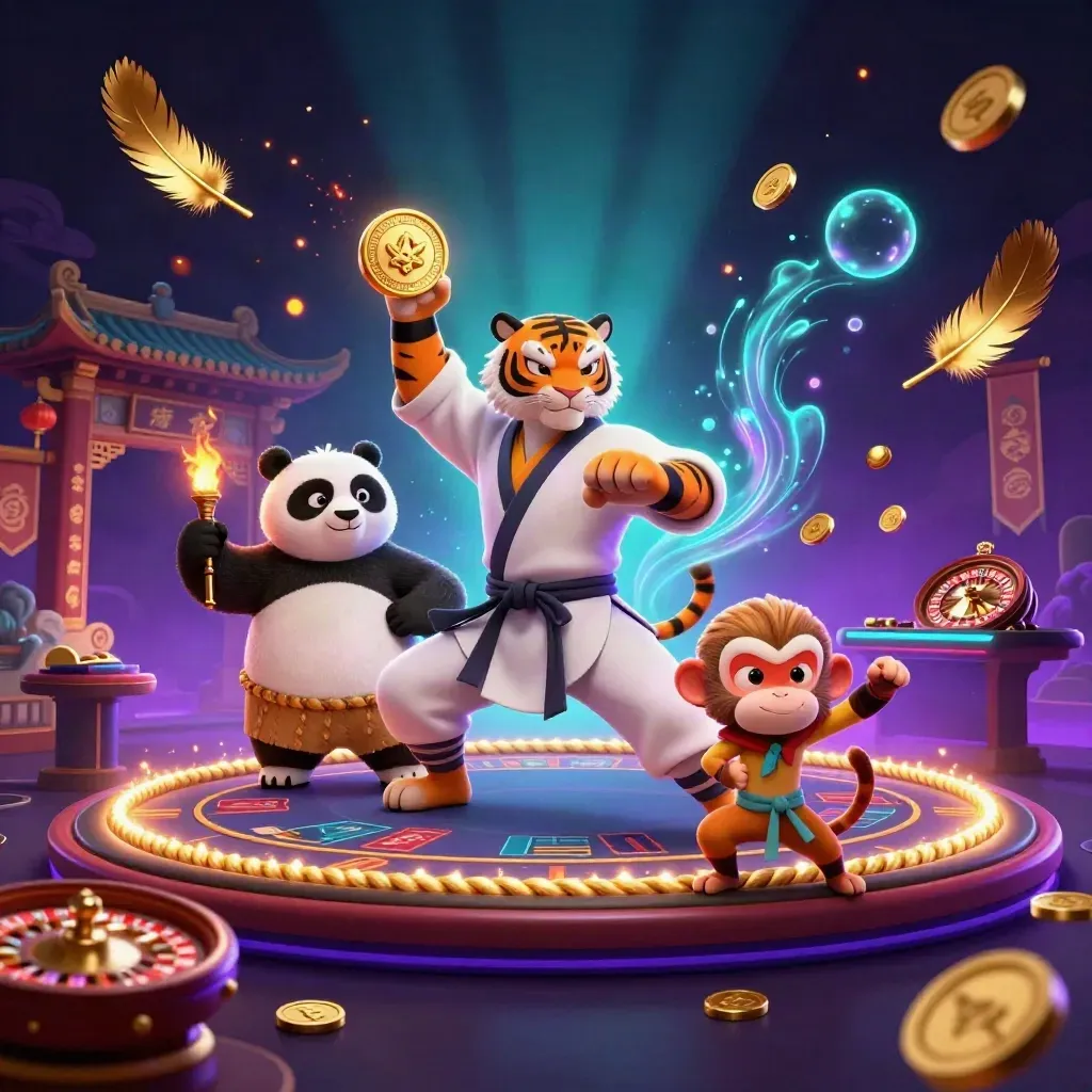 Kung-fu tiger, panda, and monkey in a neon-lit casino-temple showdown with roulette, cards, and gold sparks