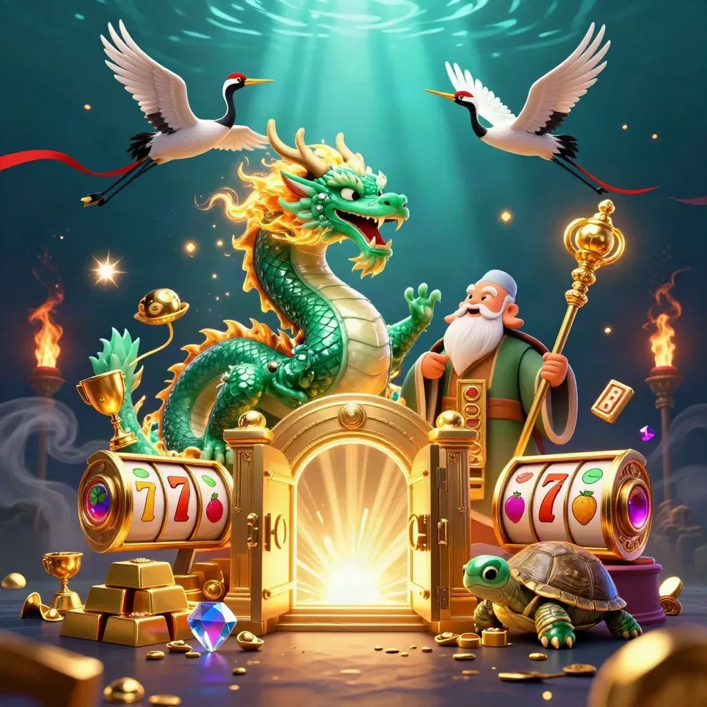 Emerald dragon, turtle sage, and ribbon cranes burst from a glowing treasure vault underwater.