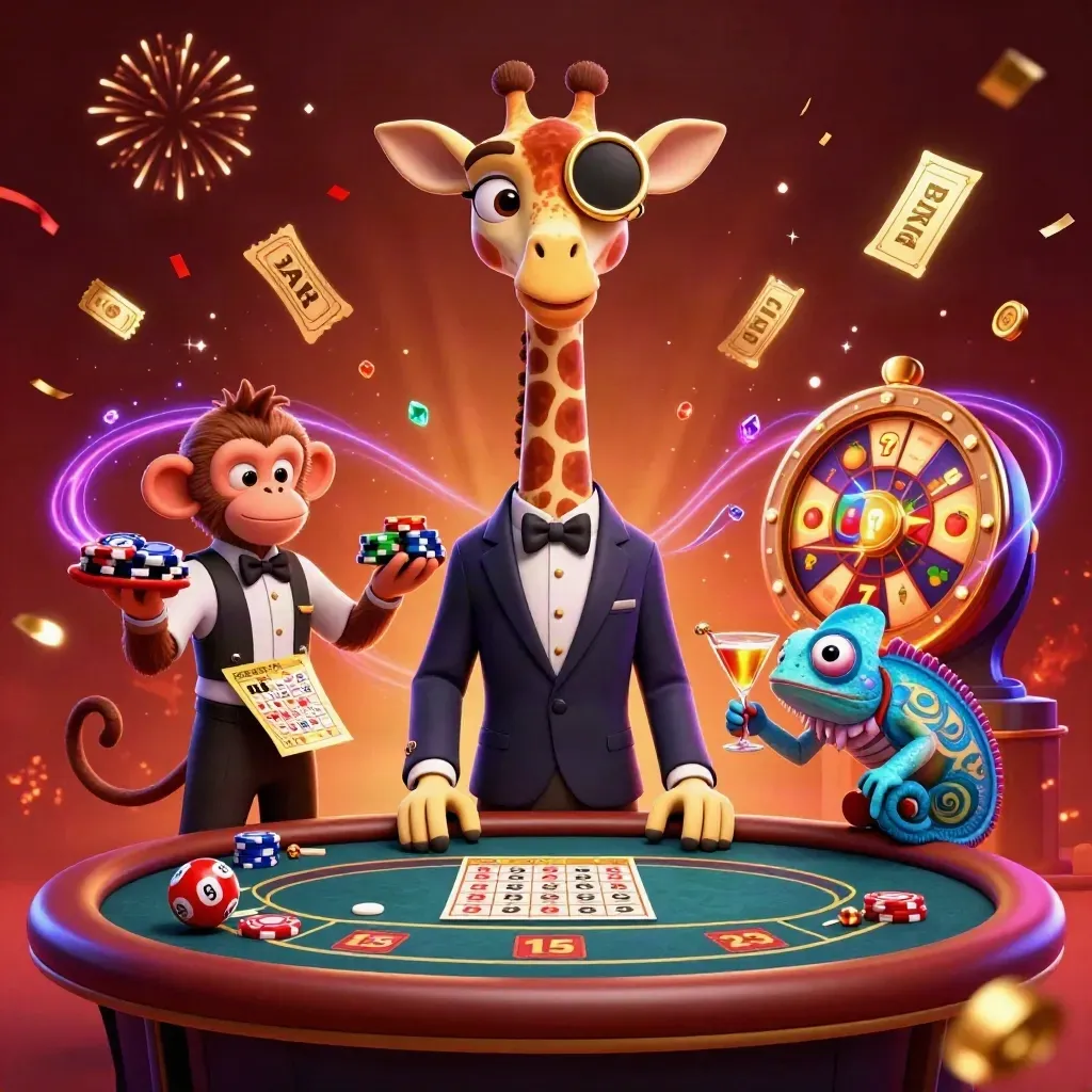 Giraffe gambler, monkey valet, and chameleon bartender amid casino treasures and glowing effects