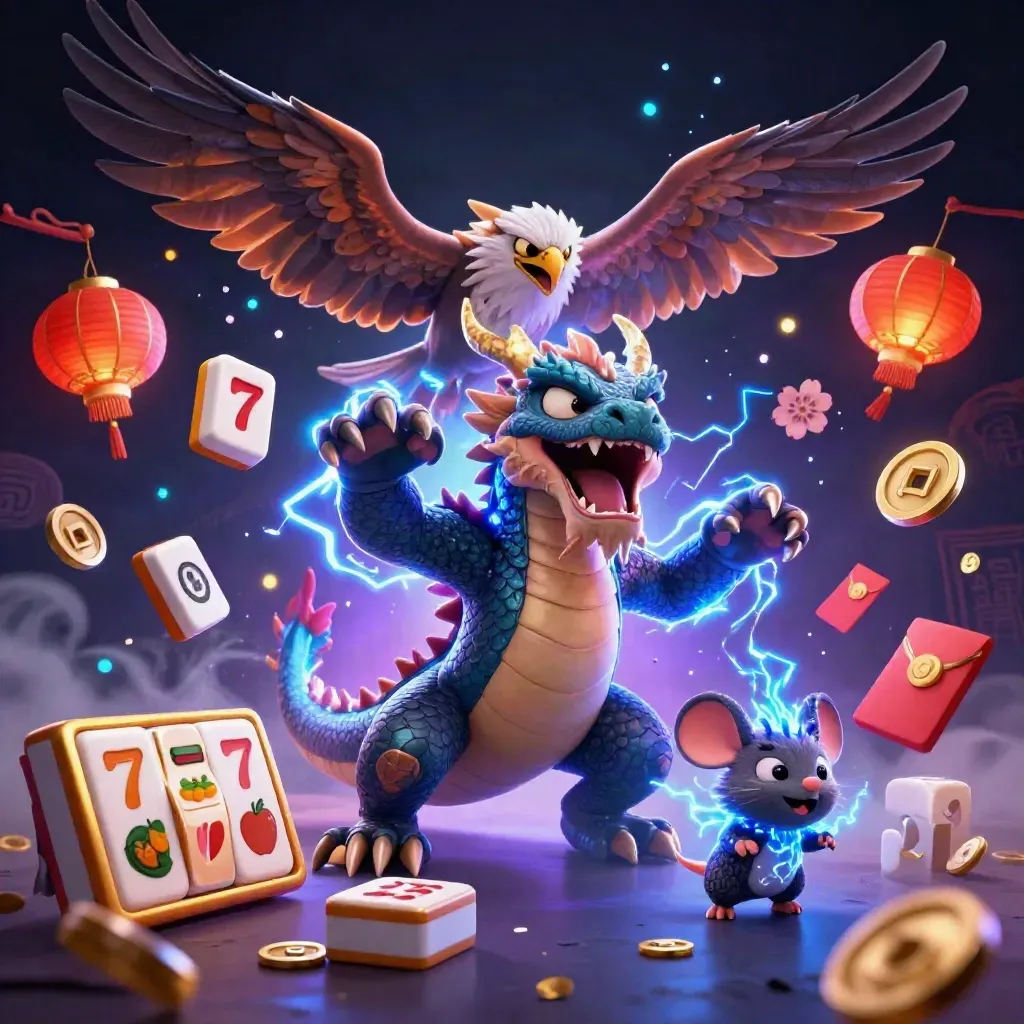 Thunder dragon, wind hawk, and static mouse amid lanterns, jade coins, and neon casino magic.