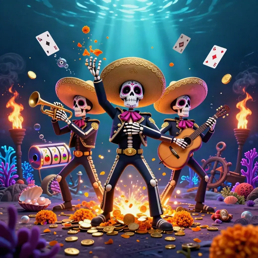 Day-of-the-Dead skeleton mariachi trio in an underwater treasure cove with neon casino glow