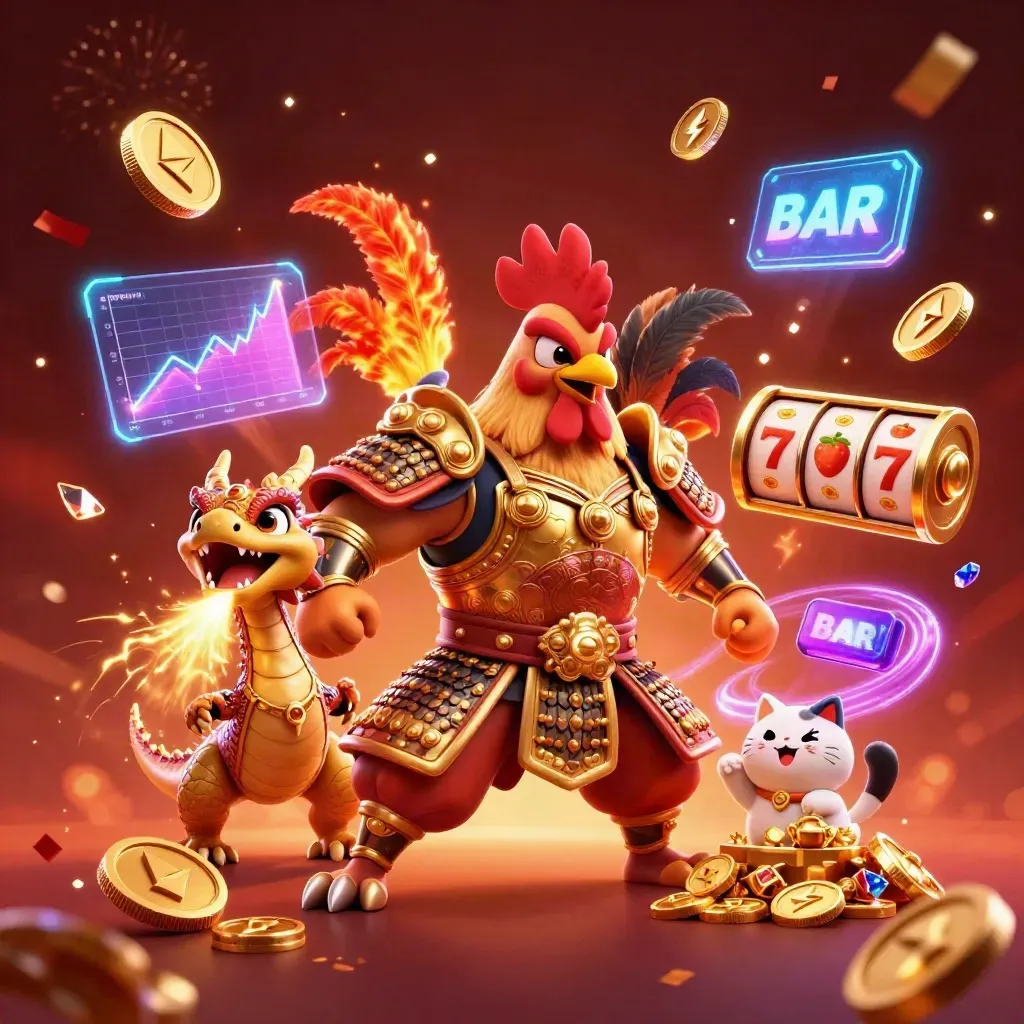 Rooster warrior, spark-breathing hatchling, and fortune-cat amid glowing coins and casino energy