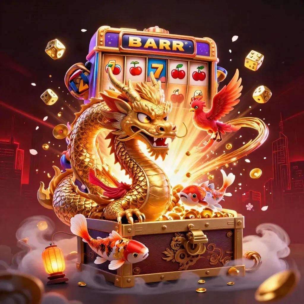 Golden dragon with phoenix and koi amid a neon jackpot burst in dark casino fantasy.