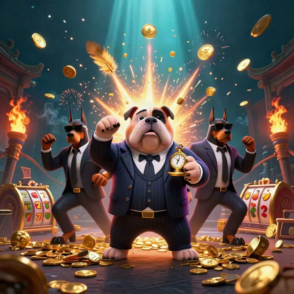 Bulldog mob boss and Dobermans amid coins, temple gate, reels, and neon firelight.