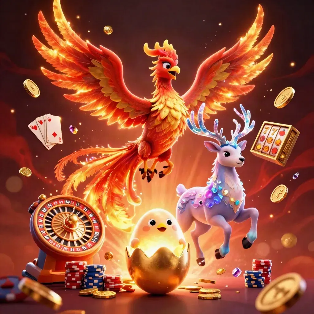 Phoenix, baby phoenix, and crystal stag amid coins, gems, reels, and fireworks