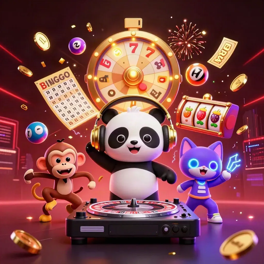 DJ panda, monkey and glow kitten amid coins, reels, fireworks and neon casino glow.