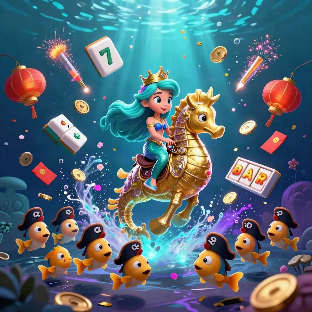 Mermaid princess on armored seahorse amid coins, lanterns, fireworks and slot symbols underwater.