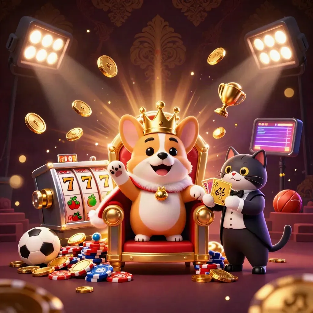 Royal corgi and cat butler amid gold coins, slot reels, fireworks, and casino lights.