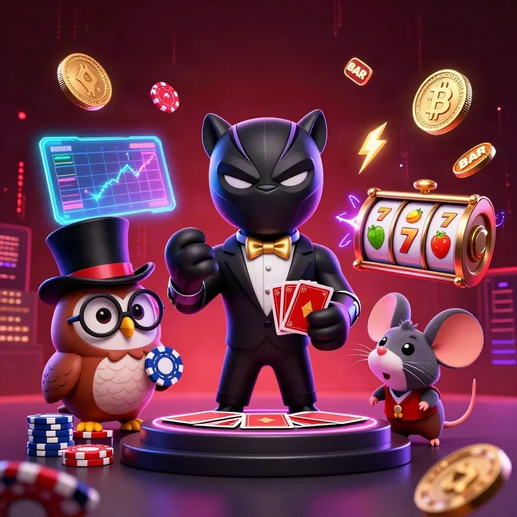 Panther, owl, and mouse casino heroes amid neon coins, reels, lightning, and a dark skyline.