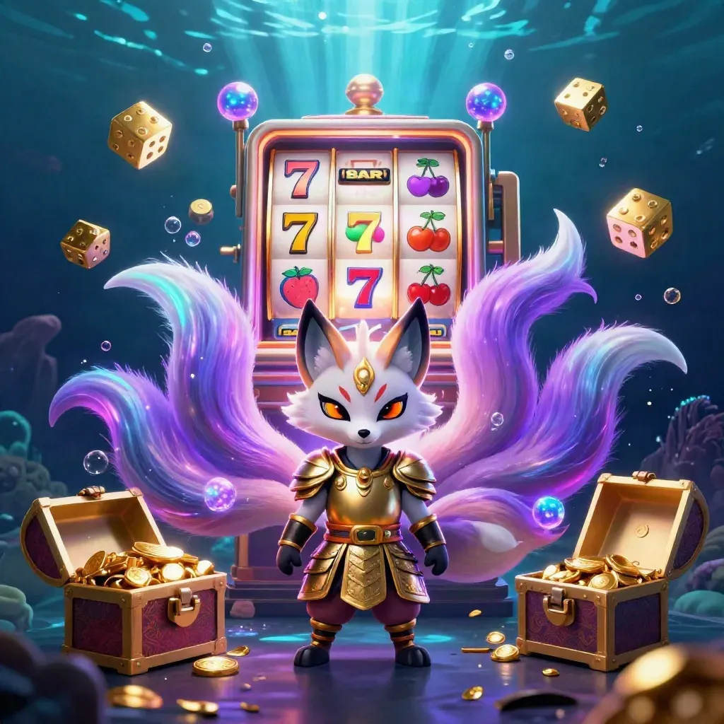 Neon fox spirit and golden mouse amid exploding slot machine, dice, orbs, and underwater glow.