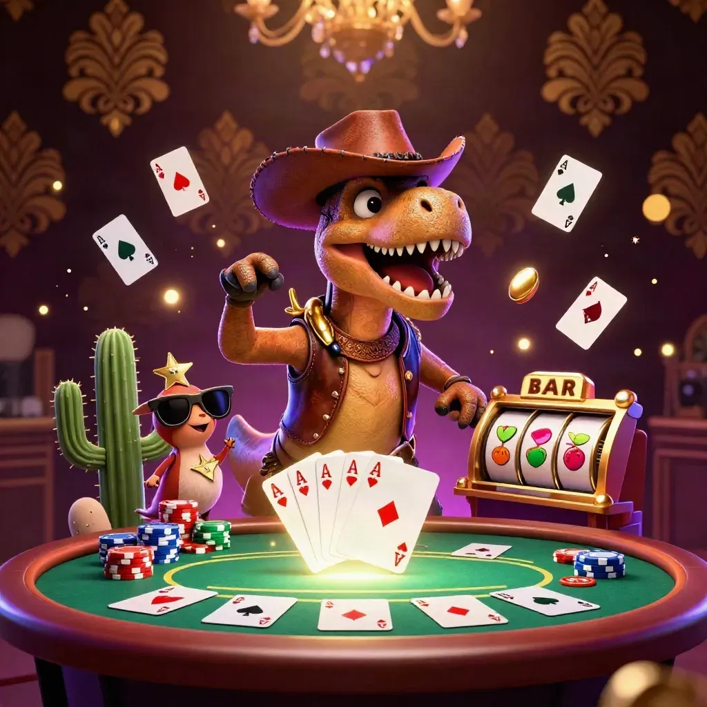 Cowboy T-Rex, cactus sidekick, and roadrunner amid poker chips, reels, and golden casino glow.