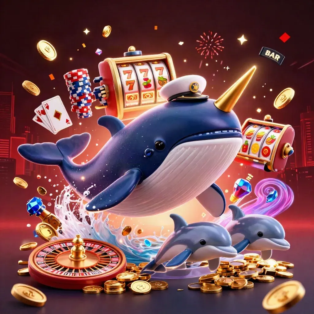 Whale captain, narwhal and dolphins burst through coins with casino symbols and neon glow.