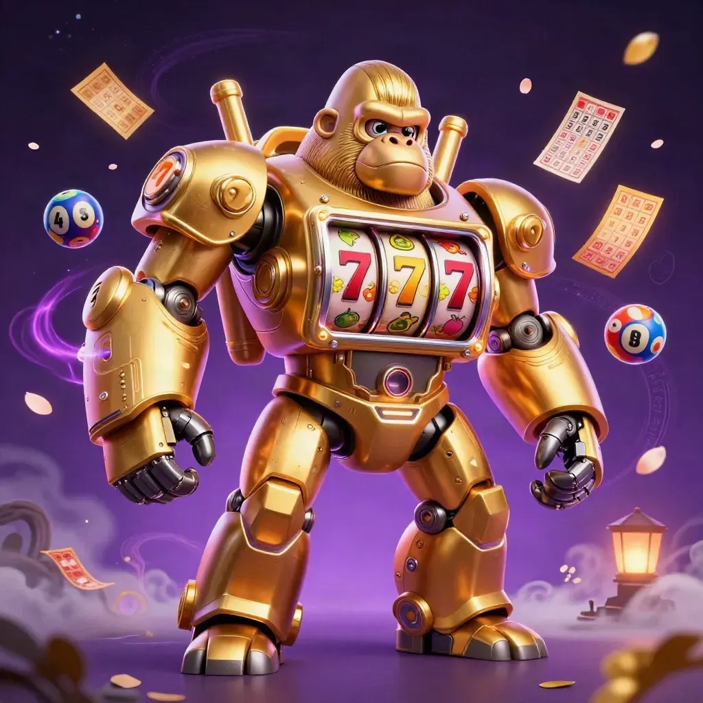 Golden gorilla slot mech with tiny pilot, reels, lottery balls, and neon casino magic.