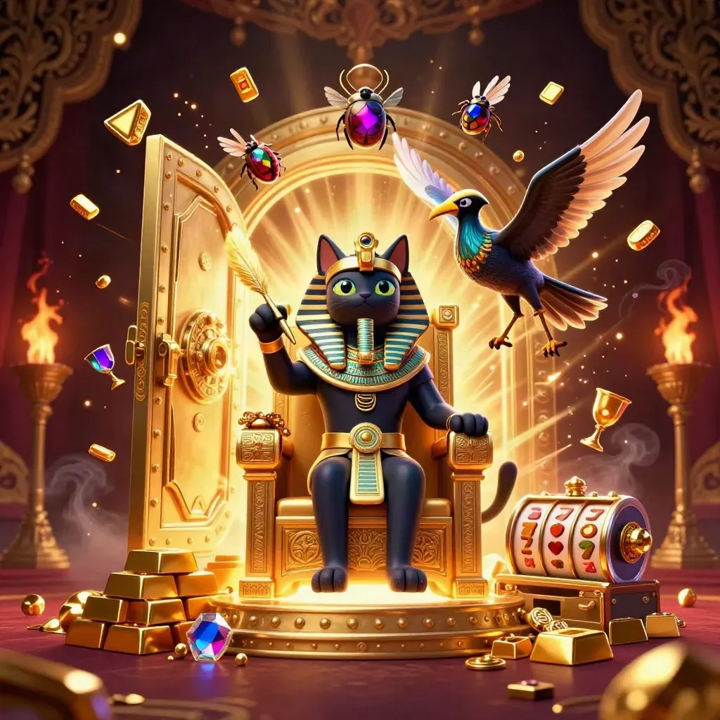 Pharaoh cat, ibis scribe, and gem-winged scarabs amid gold vault bursts and neon casino glow.