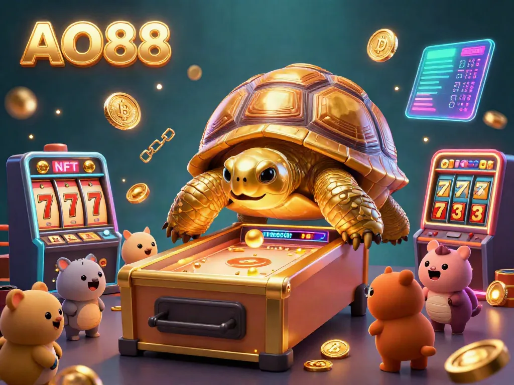 Experience the vibrant AO88 casino scene with a colossal golden tortoise pinball machine and exciting gaming elements.