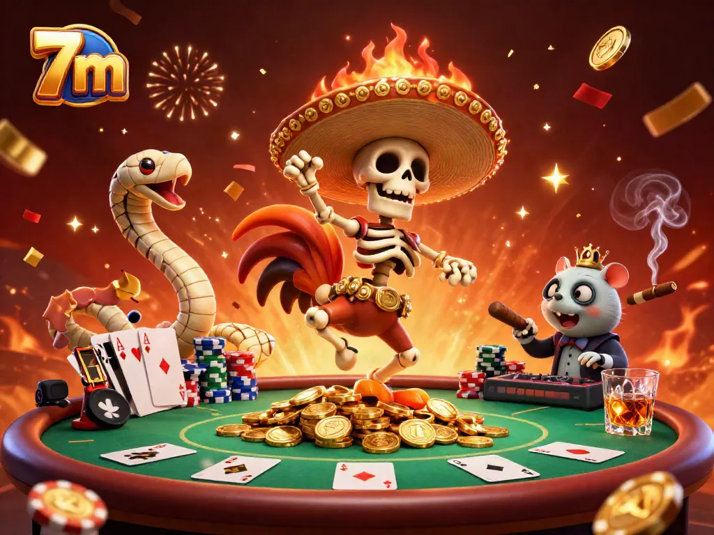 Experience thrilling victories with 7m in this vibrant 3D casino scene featuring lively characters and rich gaming elements.