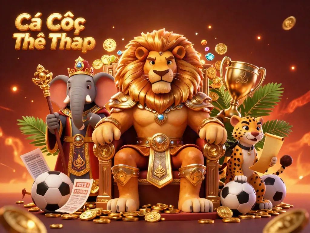 Engage in sports betting with Cá Cược Thể Thao as the lion king presides over his kingdom with betting slips and sports balls.