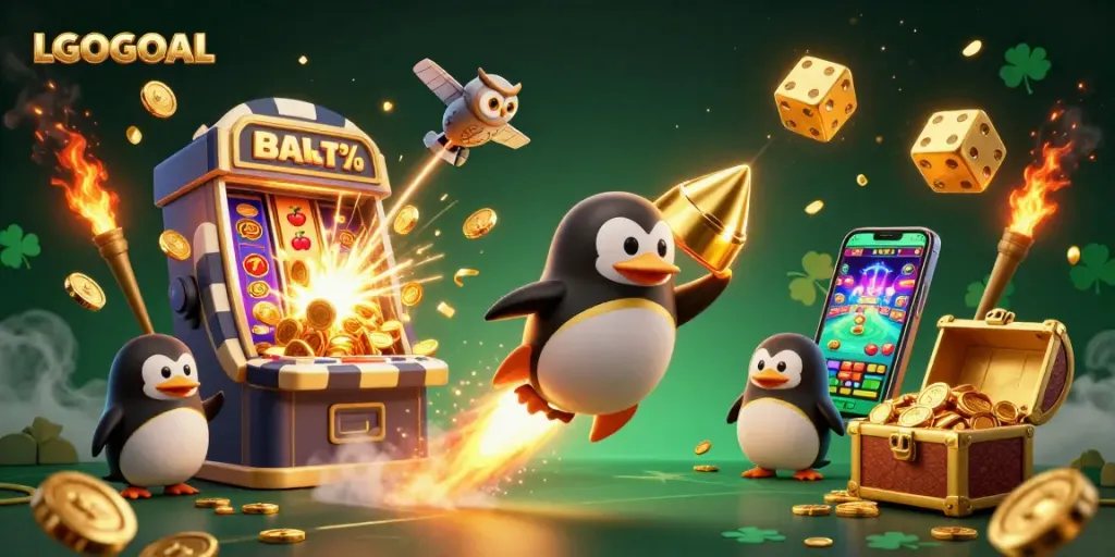 Experience the excitement of LGOGOAL in this dynamic casino scene featuring a golden penguin and jackpot elements.
