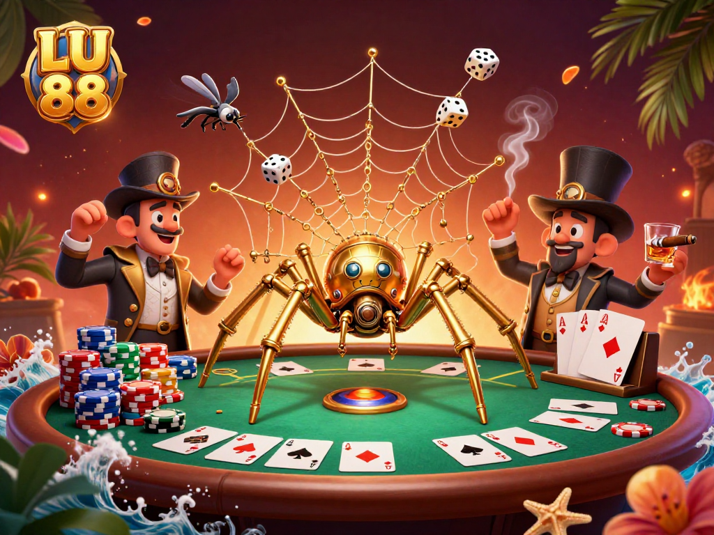 Engage in thrilling casino action with LU 88, featuring a golden spider web of poker chips and animated characters.