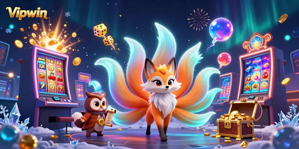 Experience the vibrant world of Vipwin with dazzling slot machines and dynamic characters in a colorful casino scene.
