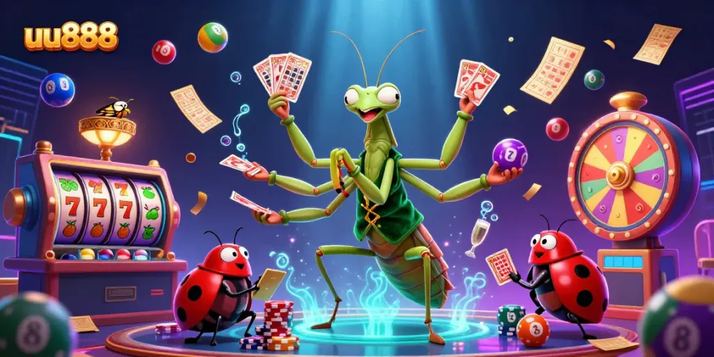 Experience the vibrant action of uu888 with a giant praying mantis card sharp dealing cards and colorful lottery balls.