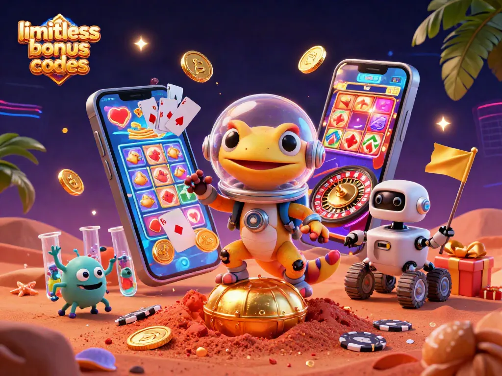 Engage with limitless casino bonus codes in this vibrant Martian casino scene featuring a gecko and robot.
