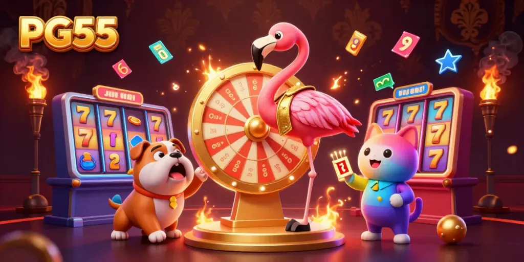Spin the PG55 prize wheel in this vibrant casino scene with a flamingo host and excited bulldog.