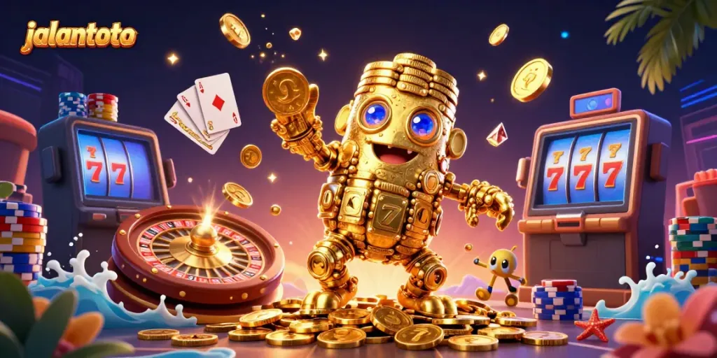 Jalantoto menghadirkan pengalaman bermain slot yang menarik dengan simbol mesin slot dan koin emas yang berputar.