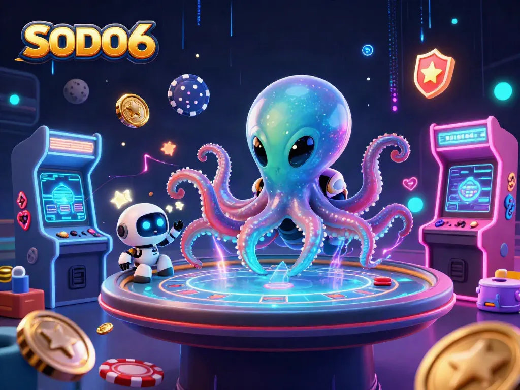 SODO66 offers a vibrant gaming experience with an alien octopus at a poker table amidst colorful arcade elements.