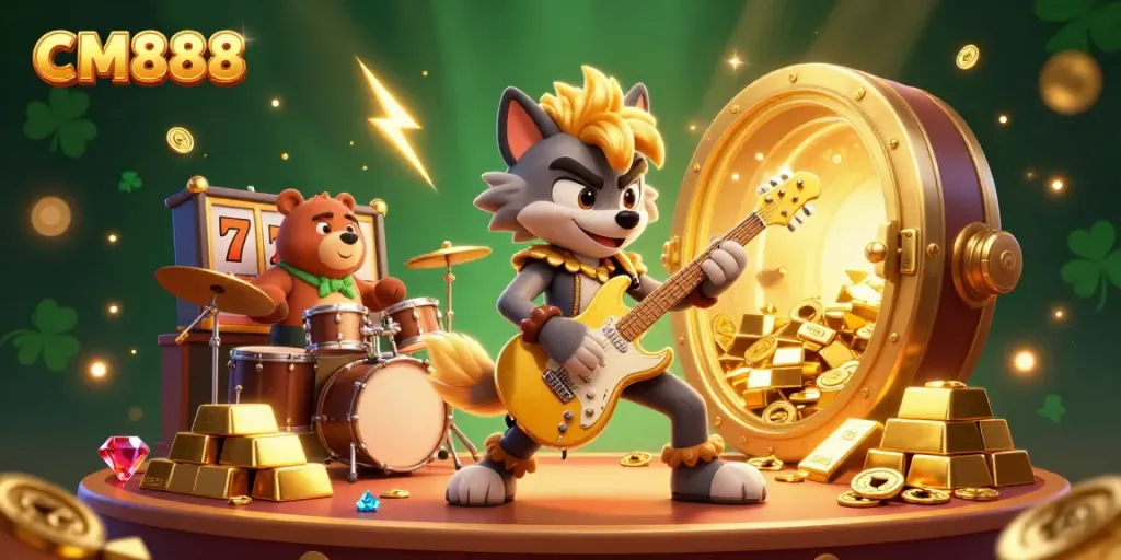 Engage in thrilling action with CM888 as cartoon characters rock the casino stage surrounded by sparkling treasures.