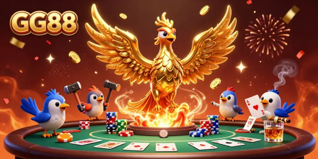 Engage with GG88's thrilling gaming experience, showcasing a molten phoenix at a vibrant poker scene.