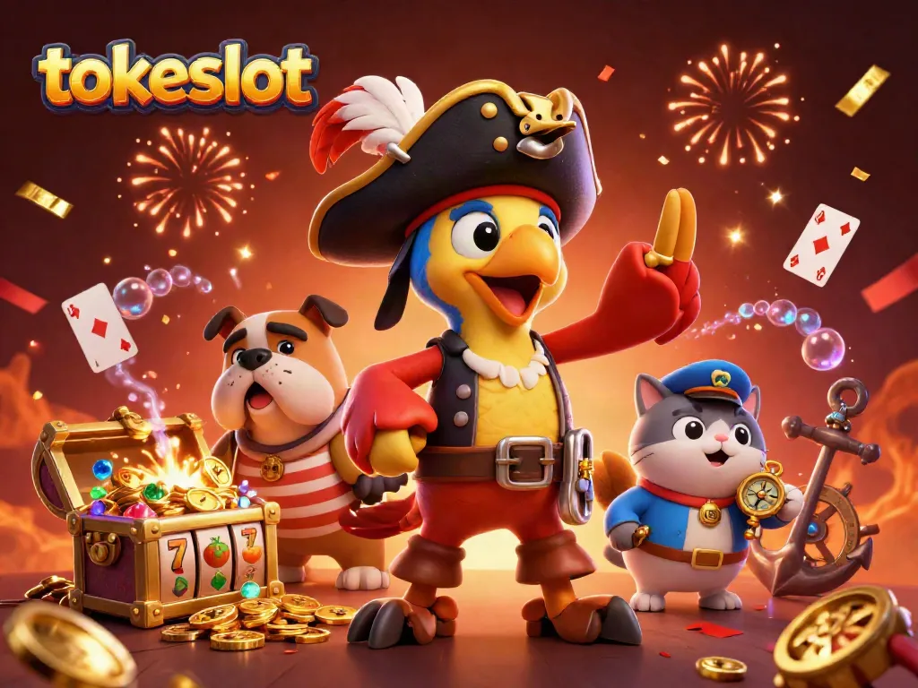 Tokeslot showcases a vibrant casino adventure with pirate characters and slot elements, highlighting gaming excitement.