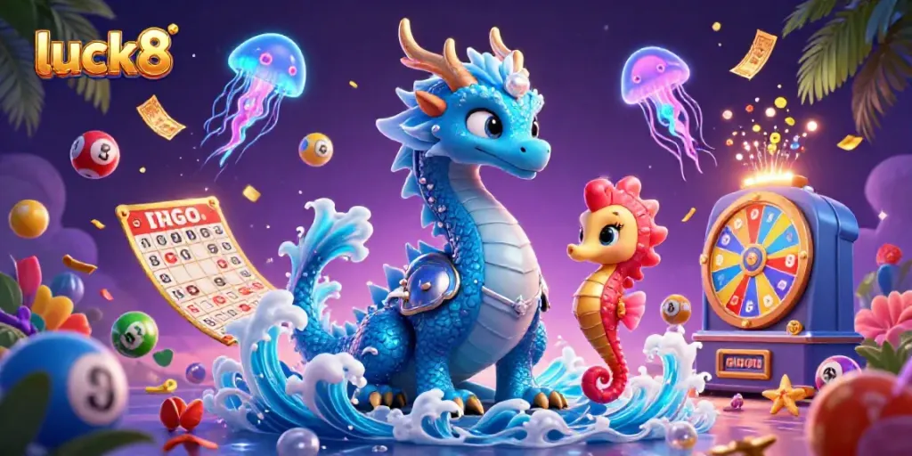 Engage with luck8 as a vibrant dragon and seahorse knight explore a fantasy casino landscape.