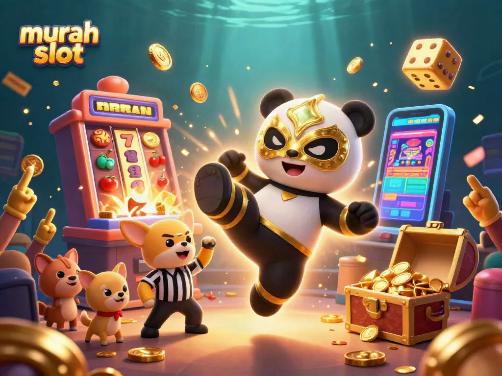 Slot jackpot dengan slot murah yang menggembirakan dengan panda dan chihuahua di arena kasino.