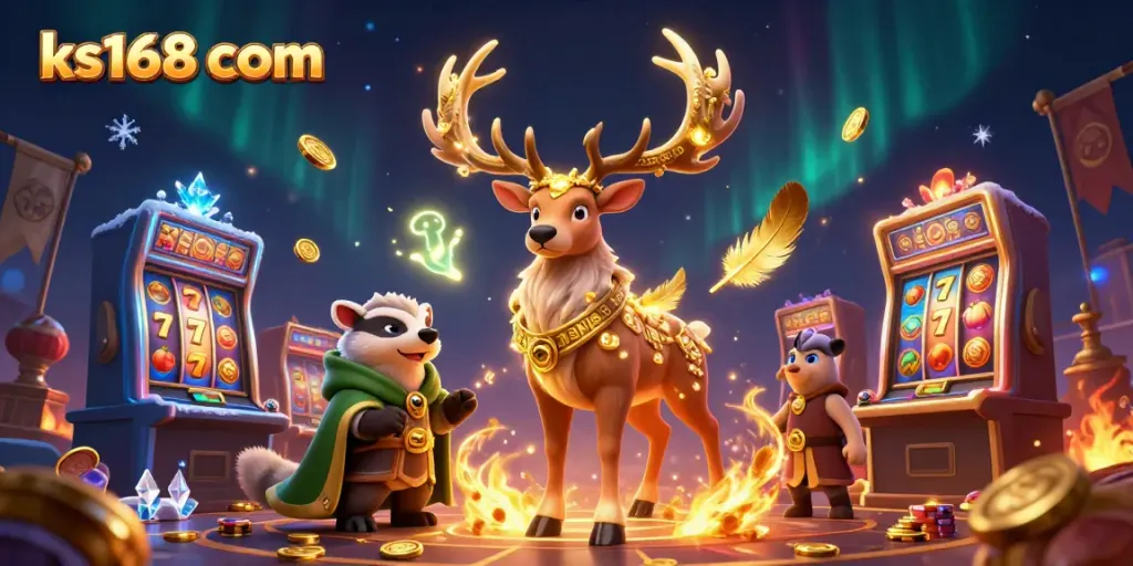 Engage with the magical world of ks168 com featuring a Celtic druid stag and a wise badger amidst vivid casino elements.