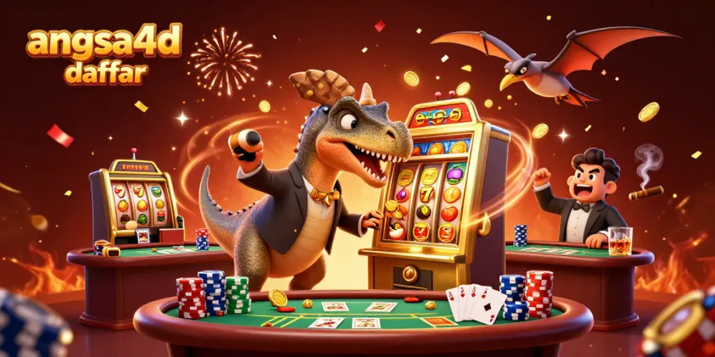 Ilustrasi 3D angsa4d daftar dengan dinosaurus bermain slot jackpot di kasino.