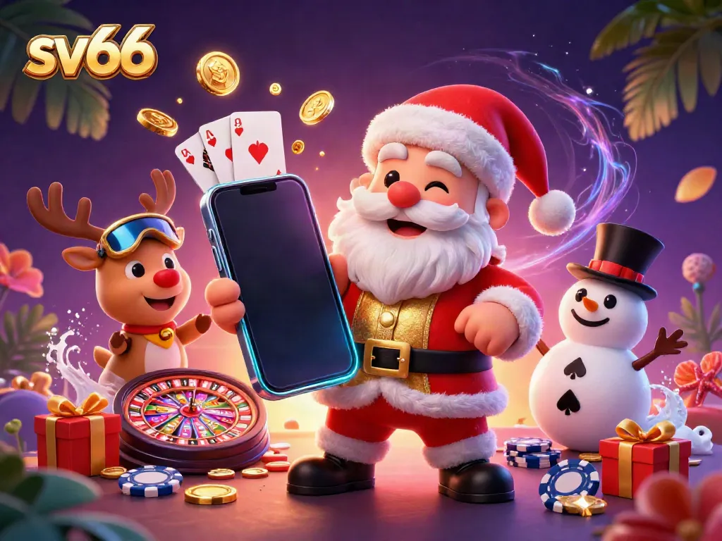 Santa Claus and friends celebrate at the sv66 casino, showcasing jackpot slots and festive elements.