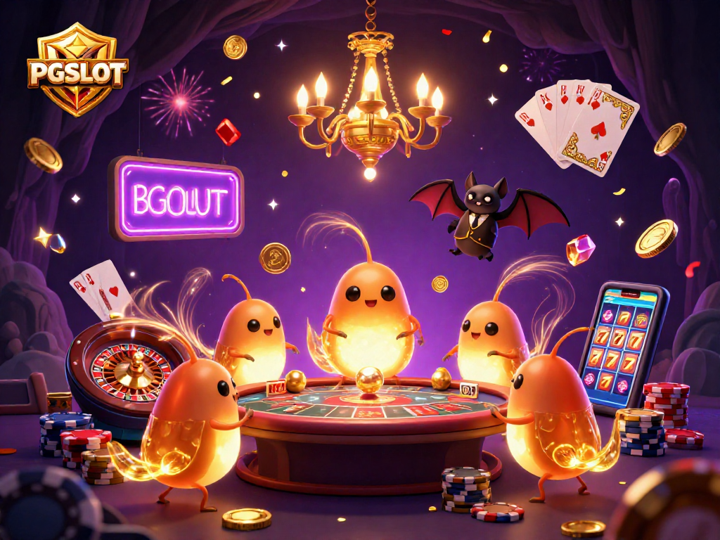 PGSLOT showcases an exciting scene filled with lively glowworms lighting a casino, featuring coins and gems, with action-packed game elements.