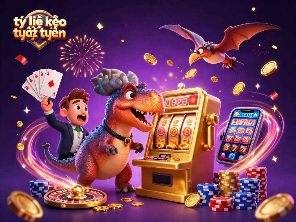 Engaging scene depicting tỷ lệ kèo trực tuyến as dinosaurs interact with casino elements for a winning payout.